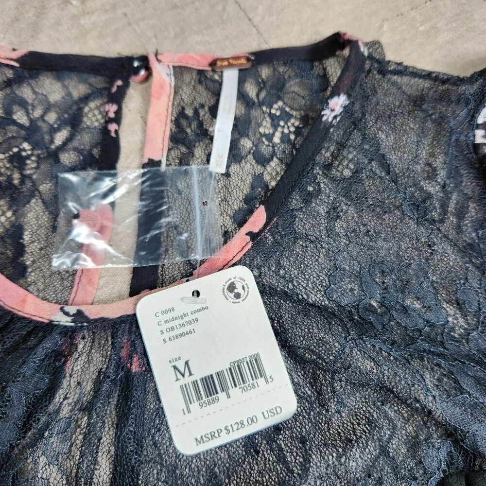 Free People Women's Size M Daphne Blouse Long Sleeve Lace Floral Black New 37